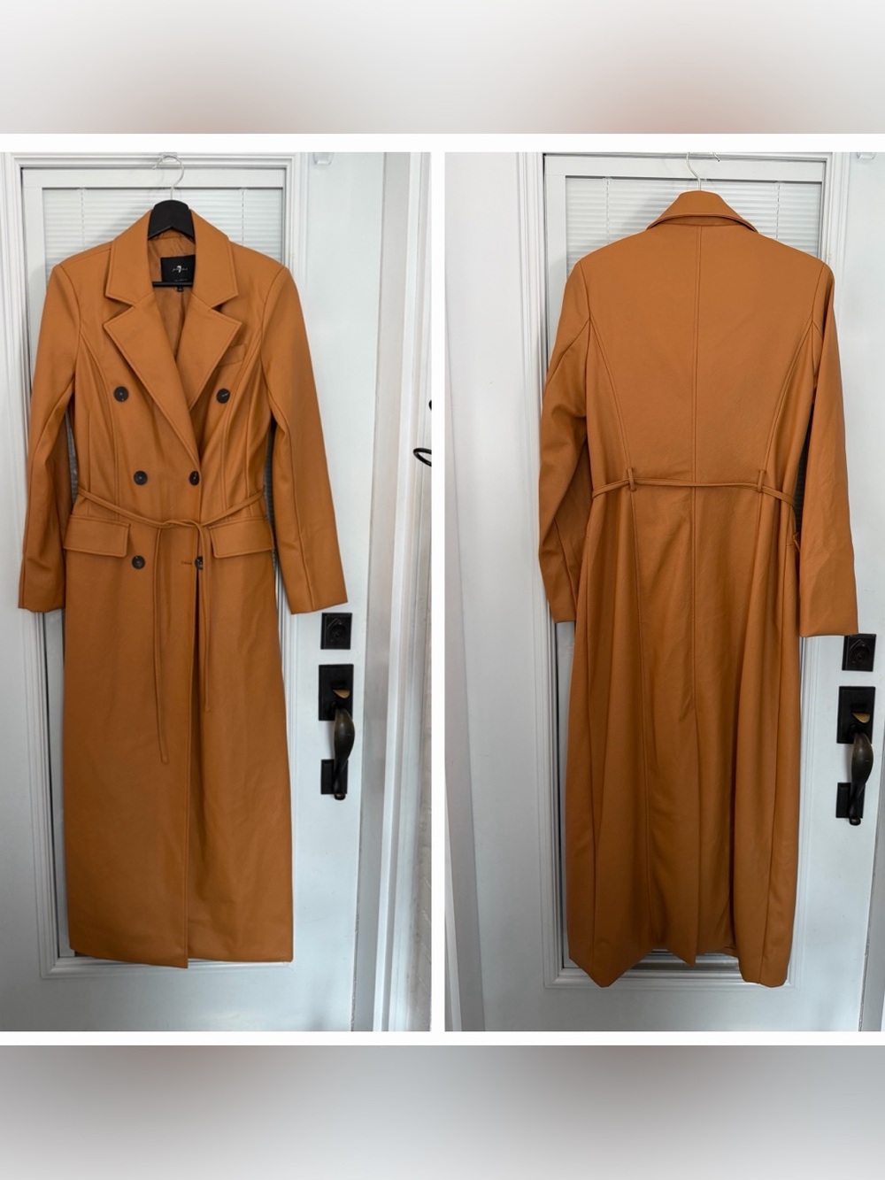 7 for all mankind Faux Leather Long Trench Sz Small Camel / Caramel Like New